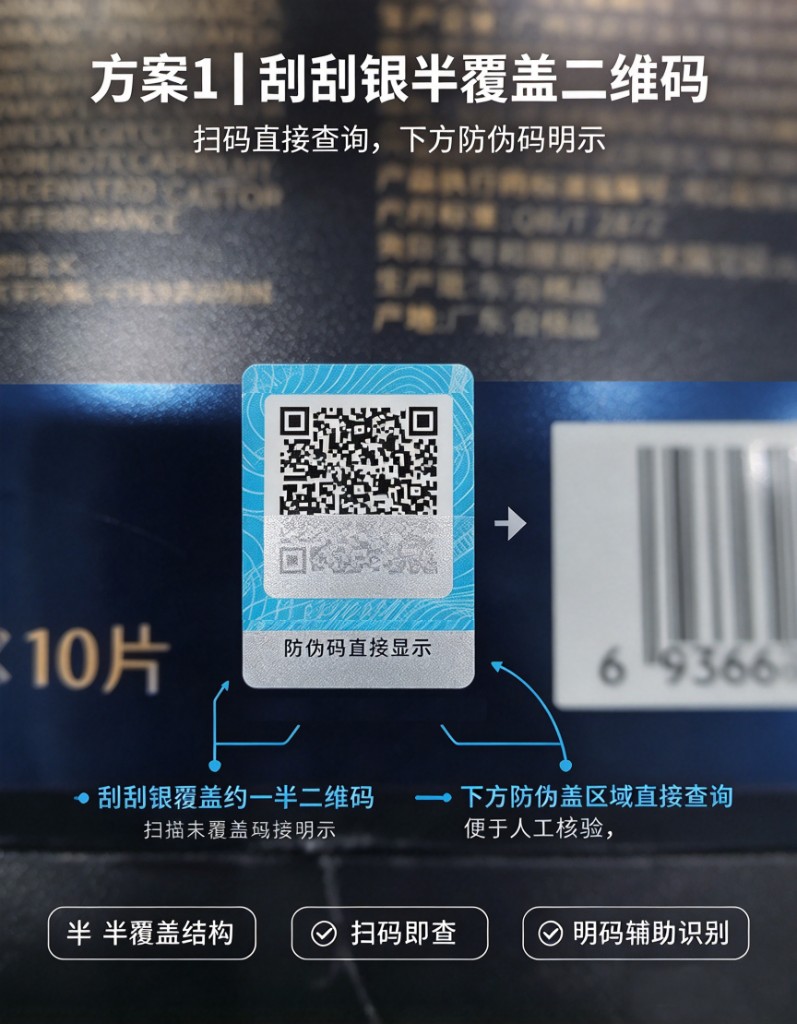 图2 刮刮银方案：刮刮银半覆盖二维码，扫码直接查询，下方防伪码明示
